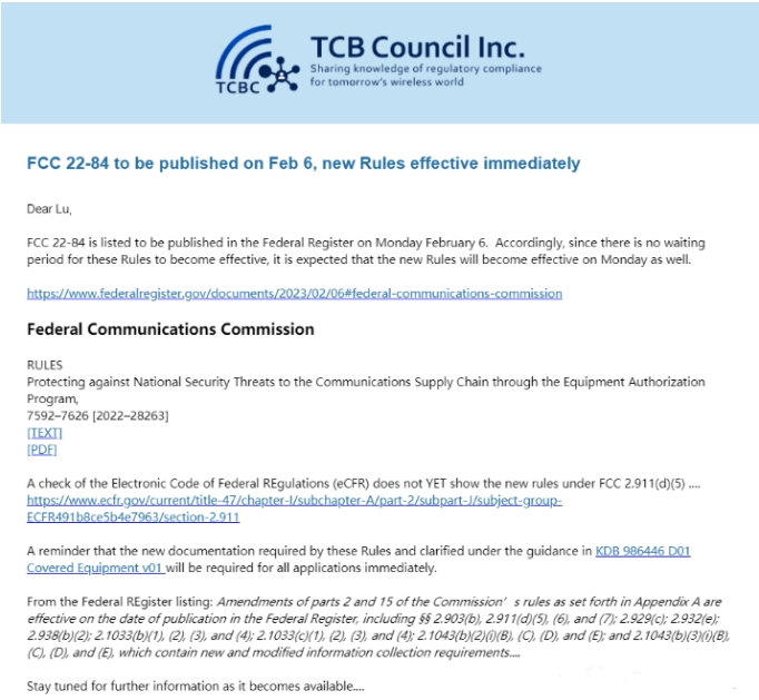 2023年2月6日起，申請F(tuán)CC ID要求提供美國代理商信息(圖1)